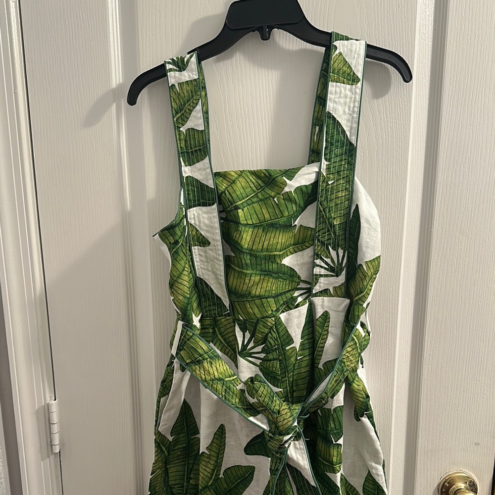 FARM Rio Tropical Green Leaf Jumpsuit, Palm Fan Linen Wide-Leg Has 2 side pocket - Picture 3 of 12